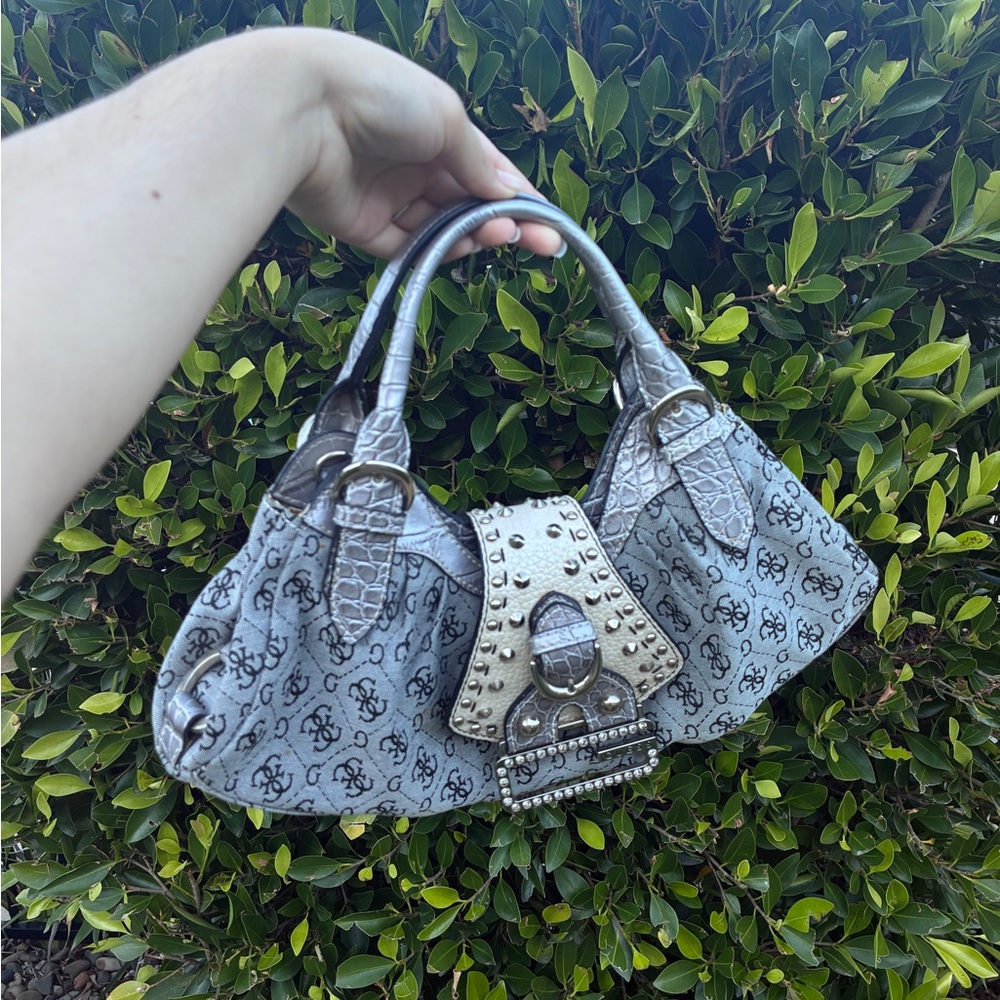 rare vintage guess grey rhinestone/gen monogram handbag and crossbody!